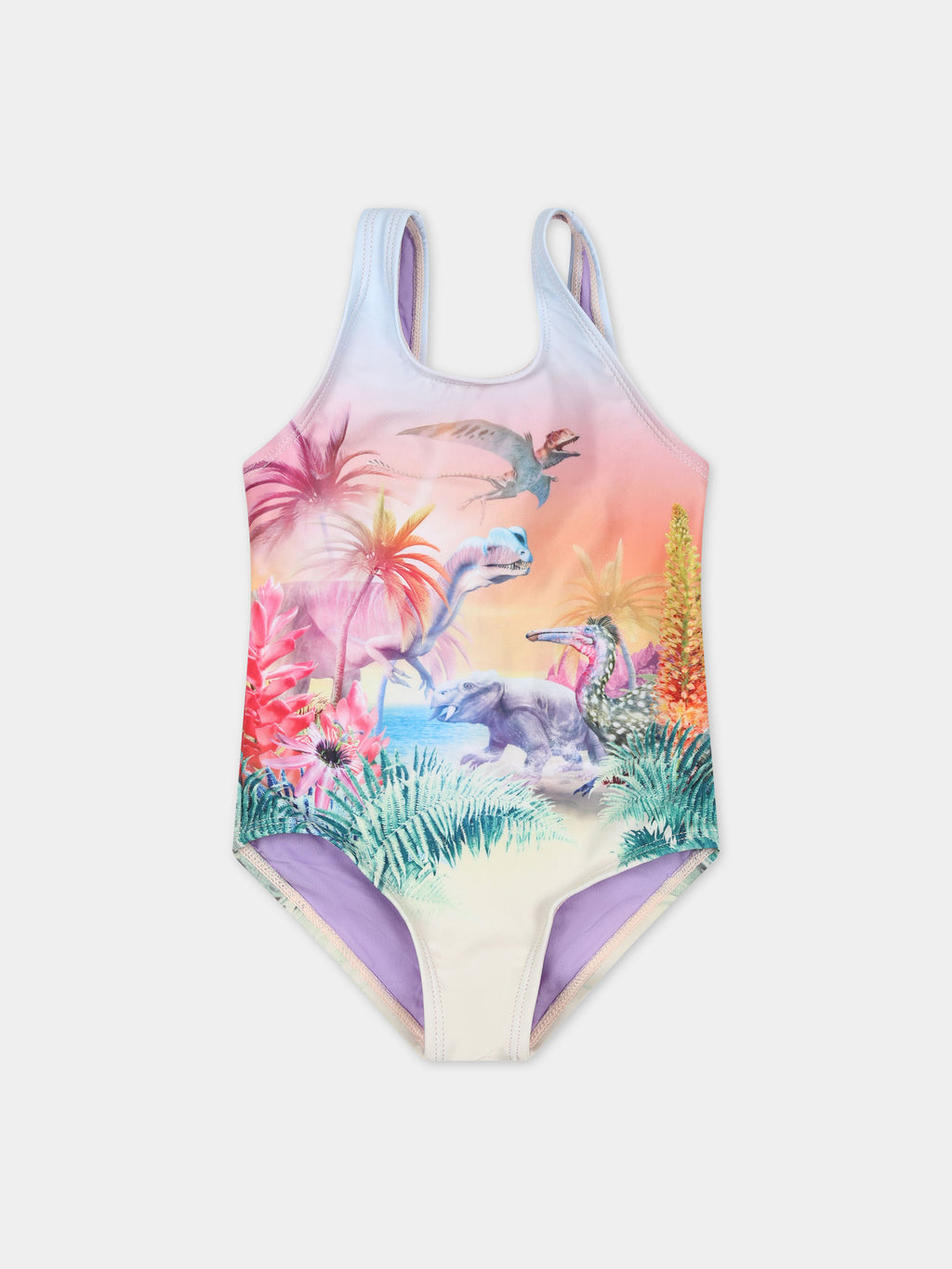 Purple one-piece swimsuit for bebe girl with dinosaur print