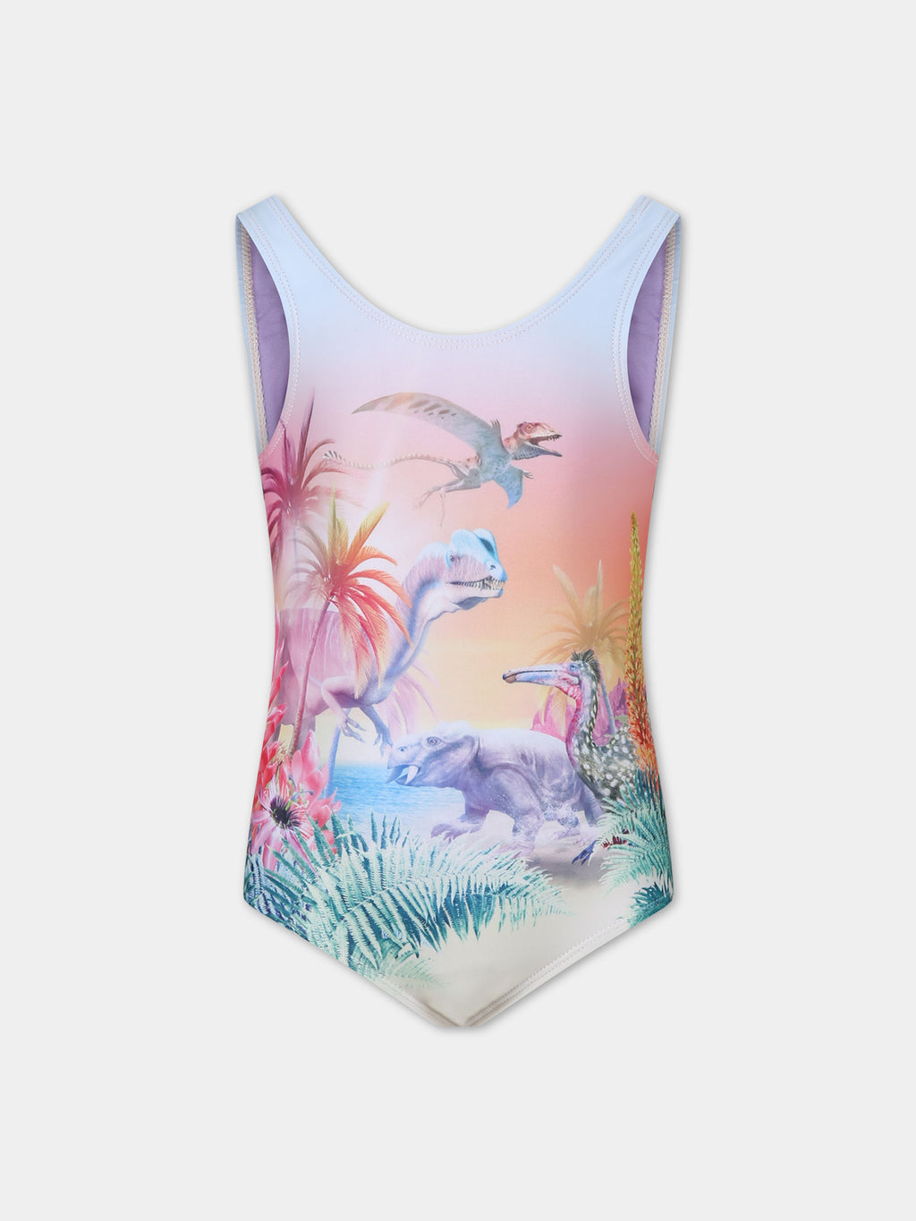 Purple one-piece swimsuit for girl with dinosaur print