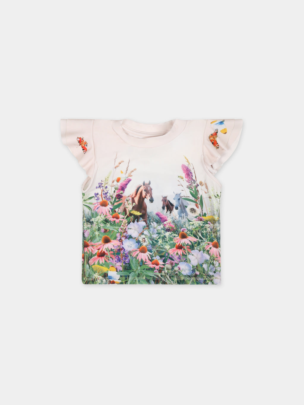 T-shirt anti UV avorio per neonata con stampa cavalli e fiori