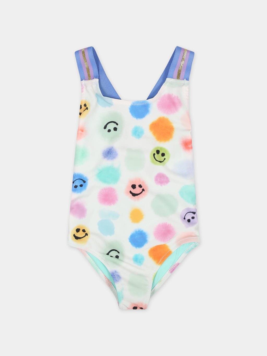 White swimsuit for baby girl with polka dots and smiley