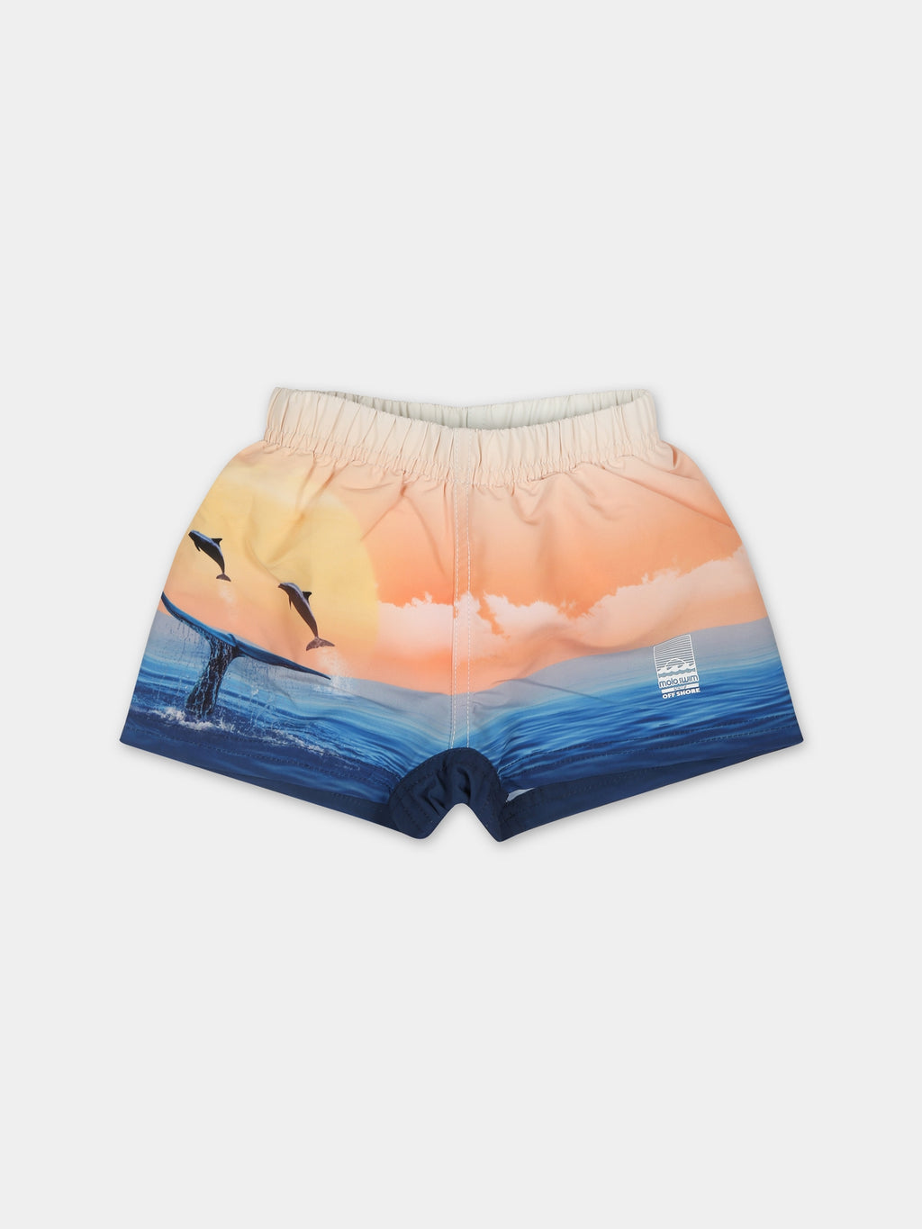 Orange swimsuit for baby boy with dolphins