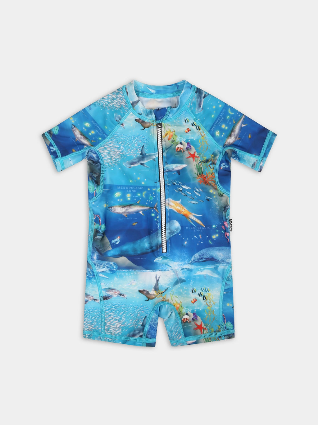 Costume anti UV azzurro per neonato con animali marini