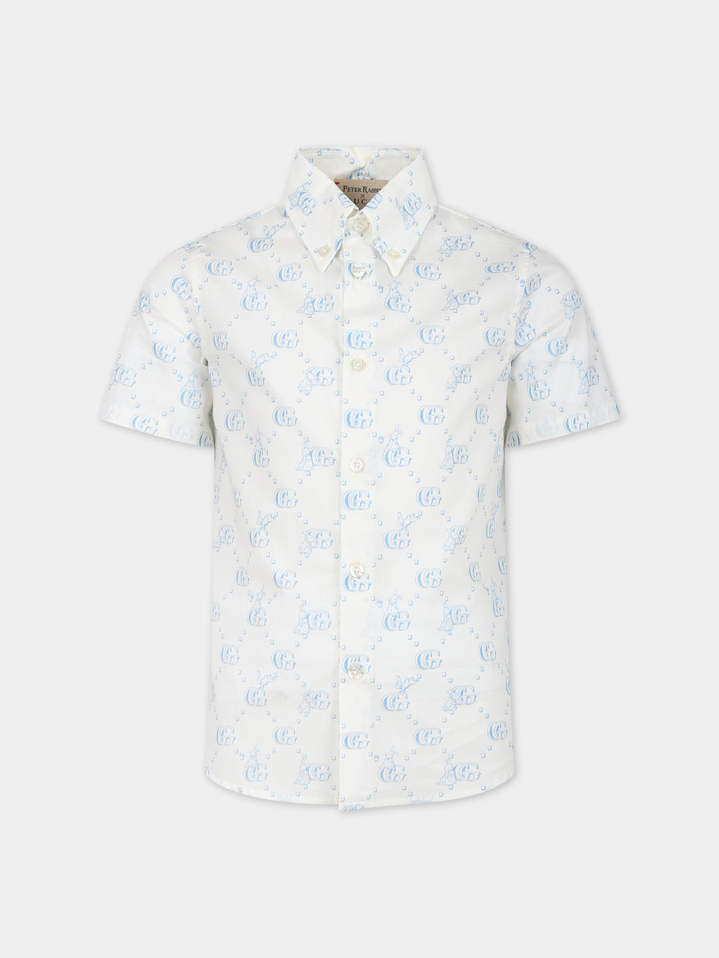 Shirt for boy with light blue logo and all-over rabbit