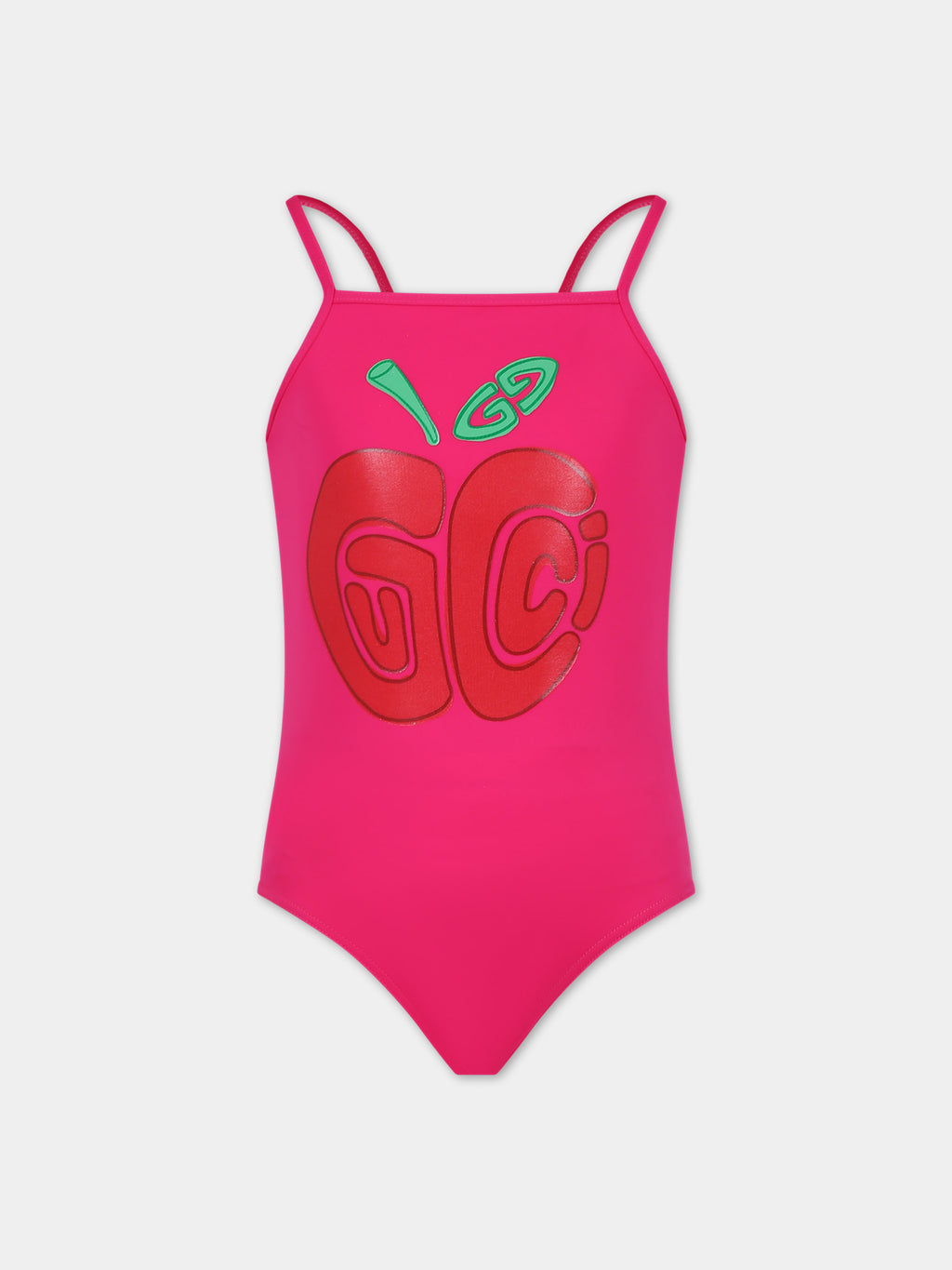 Fuchsia one-piece swimsuit for girl with Gucci apple print