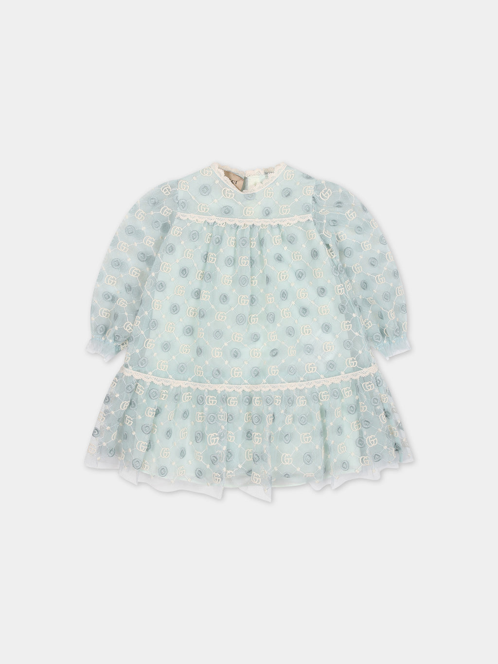 Light blue dress for baby girl with geometric pattern and double G