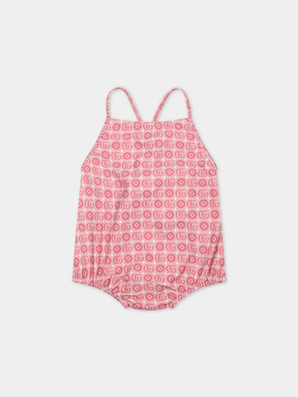 Pink swimsuit for baby girl with a Double G geometric motif