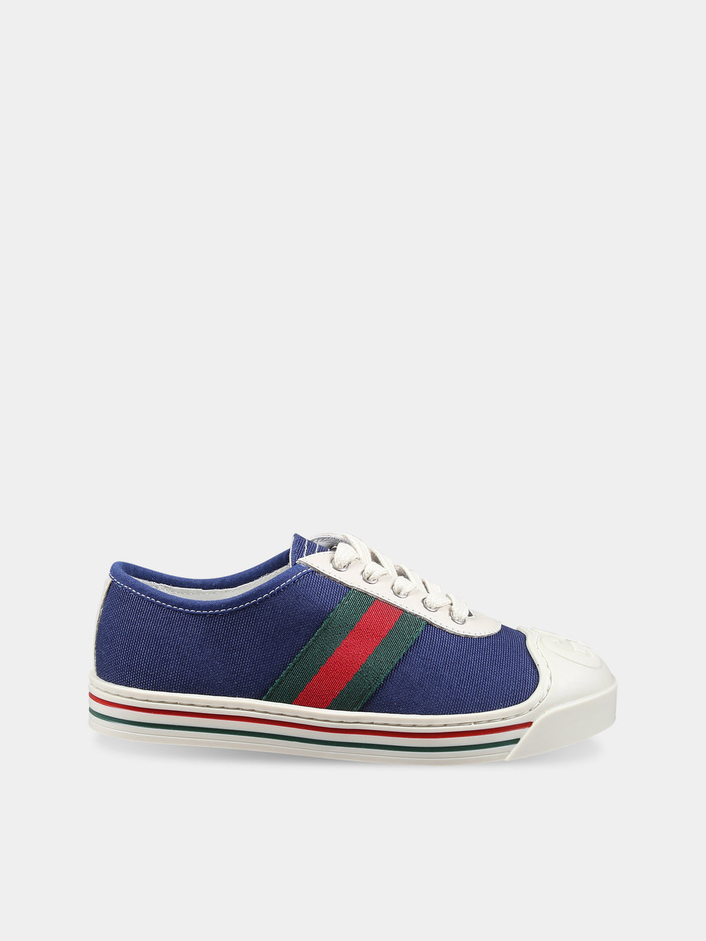 Blue canvas trainer for kids with green and red Web