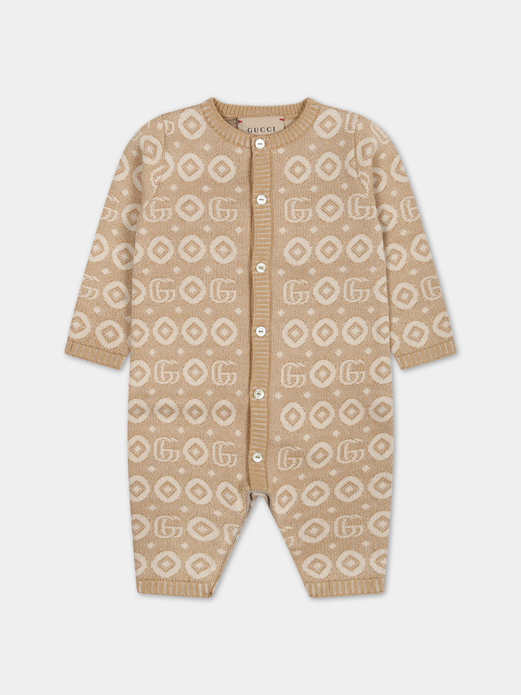 Beige jumpsuit for babies with print and logo