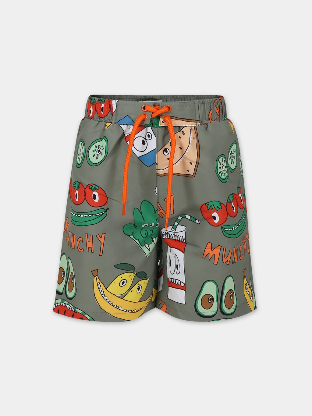 Green swimsuit for boy with fruit and vegetables print