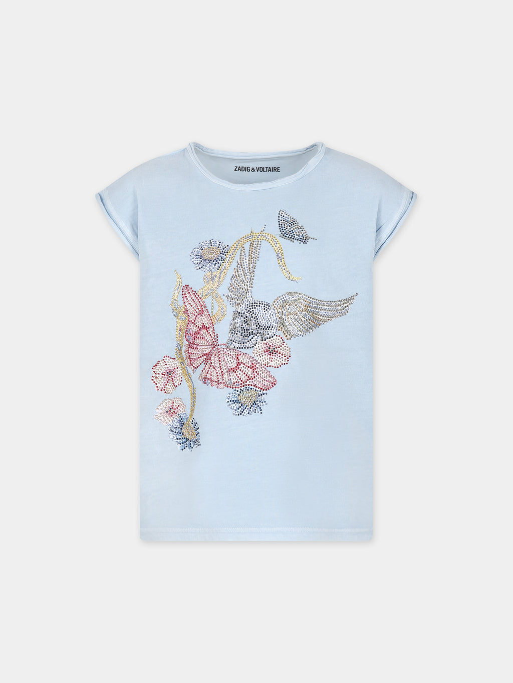 T-shirt celeste per bambina con teschio e farfalla