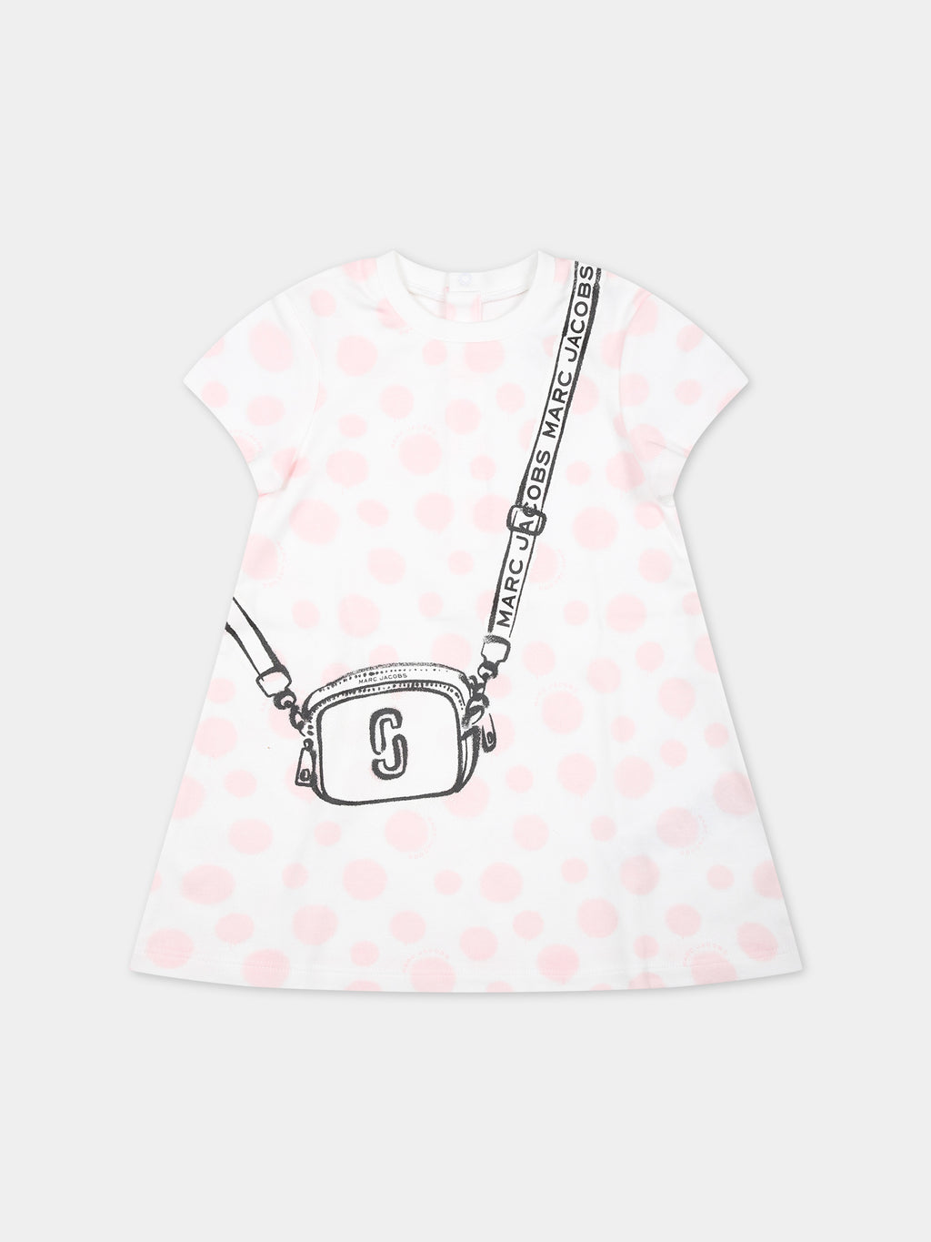 White dress for baby girl with print and polka dots
