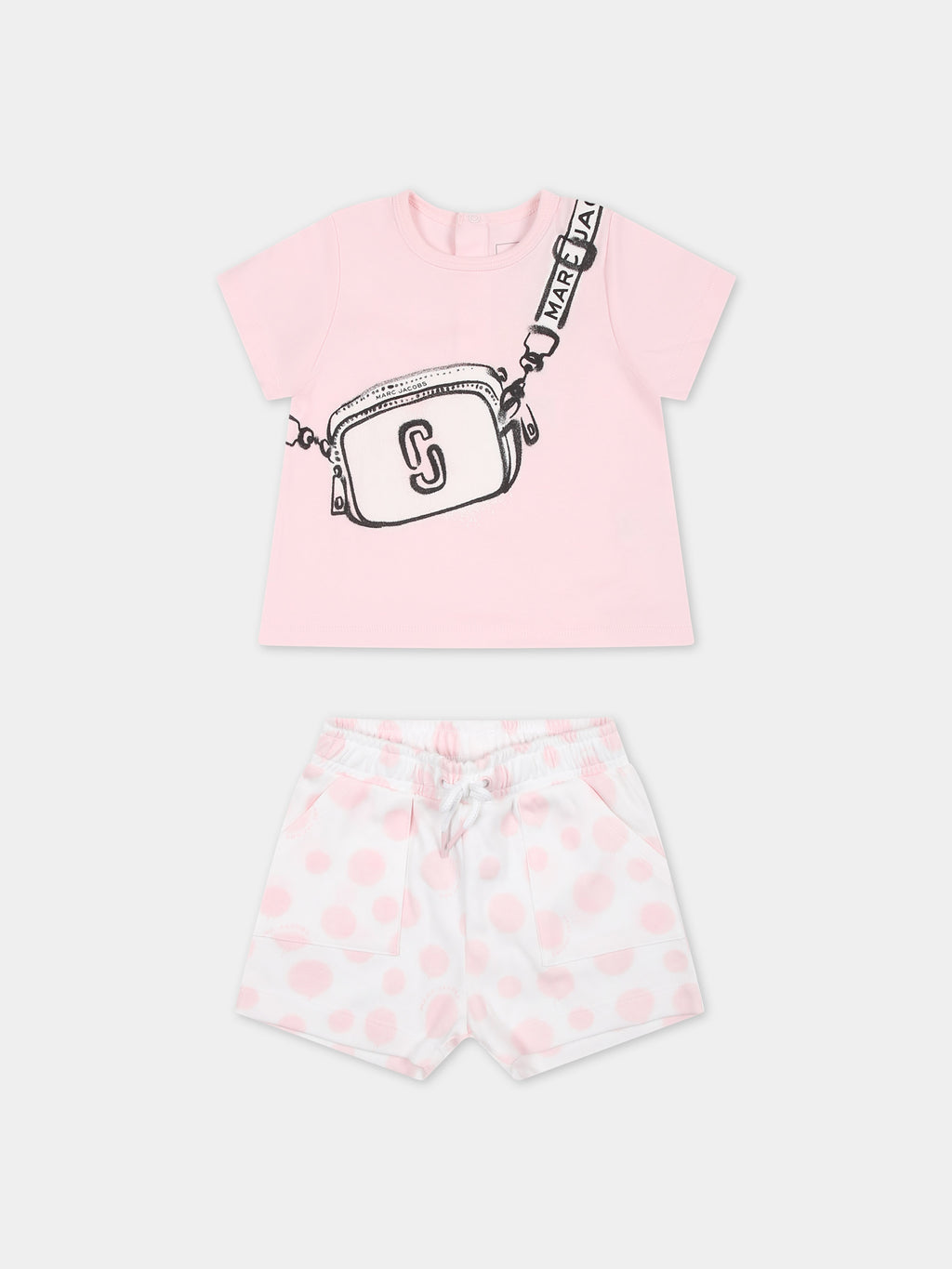 Pink suit for baby girl with print and logo