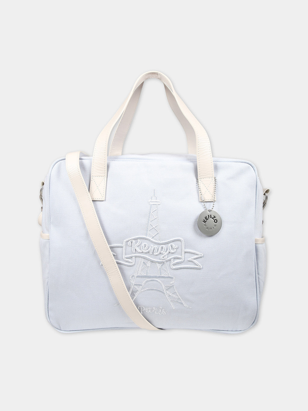 Light blue mother bag for babies with logo and Eiffel Tower