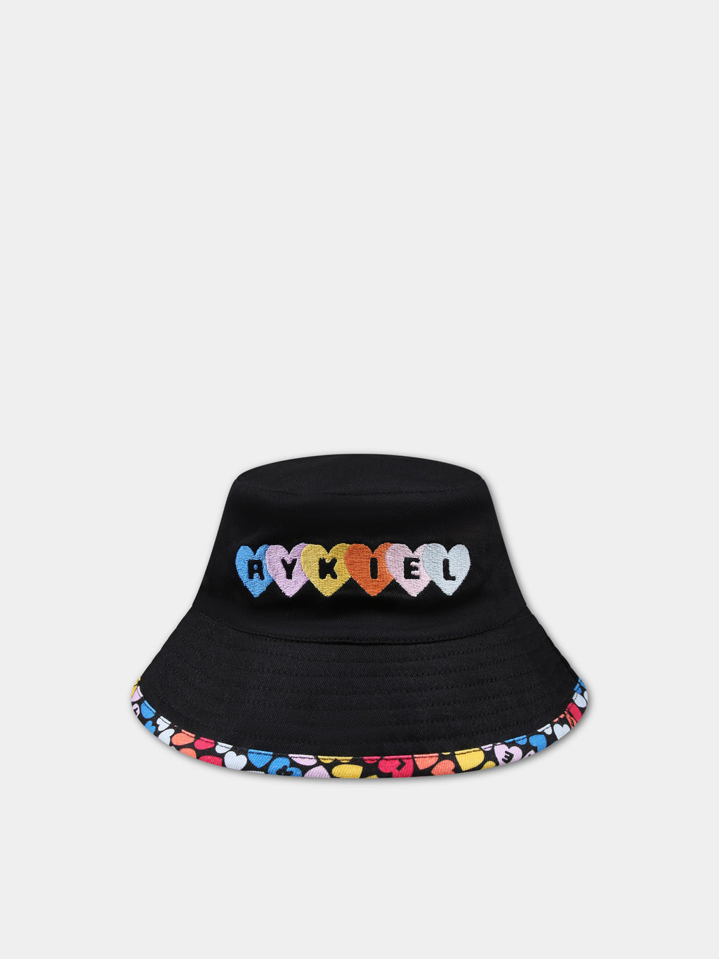 Black cloche for girl with multicolor hearts and logo
