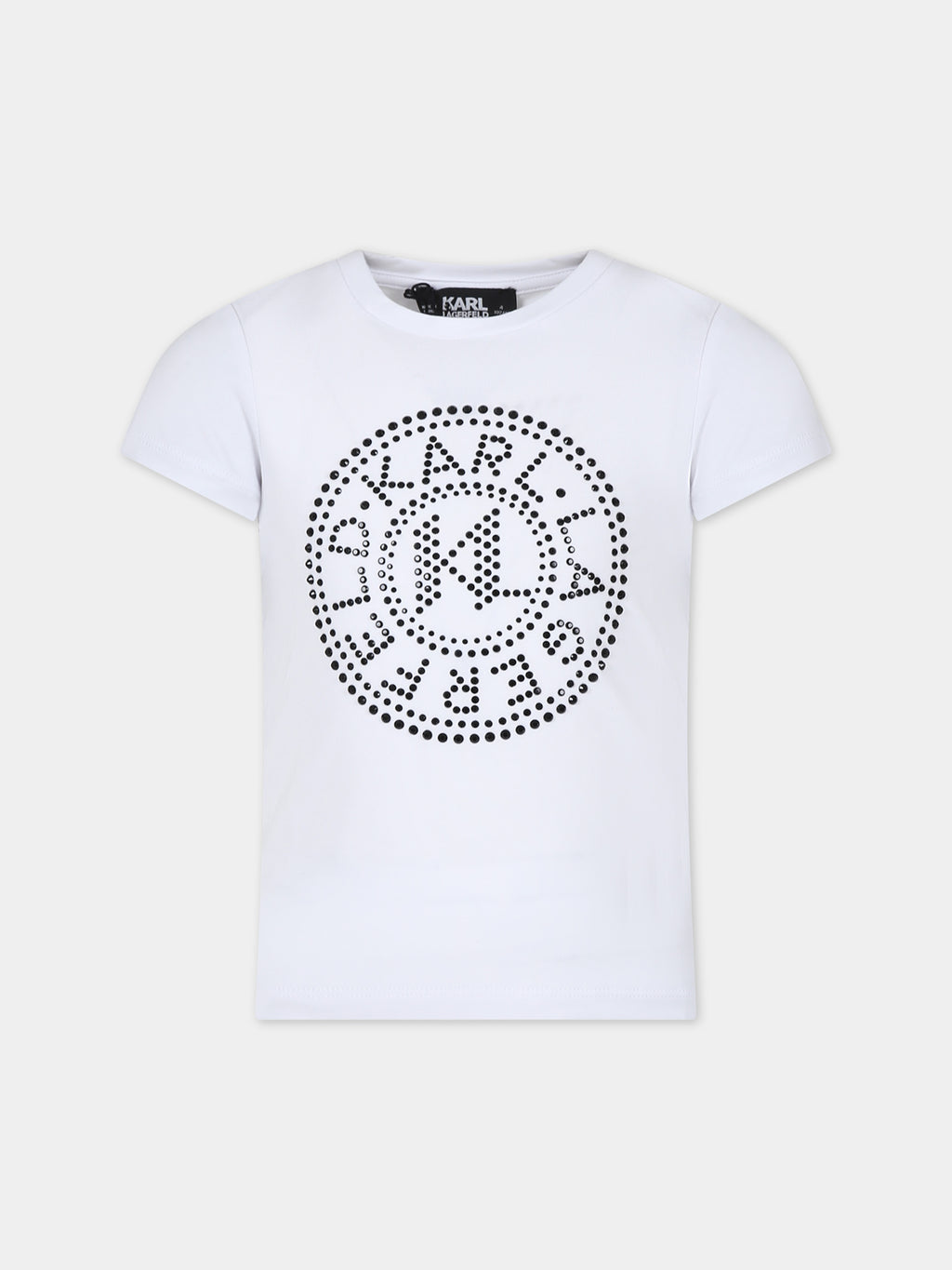 White t-shirt for girl with rhinestone logo print