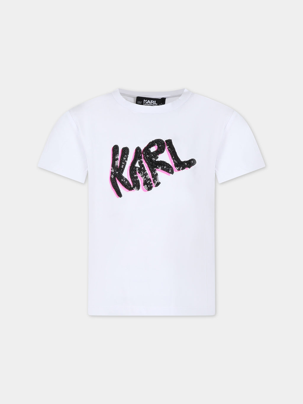 T-shirt bianca per bambina con scritta Karl