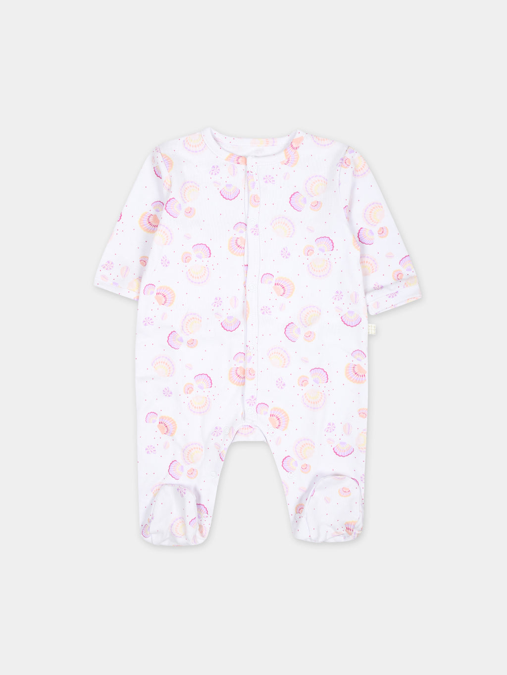 Tutina bianca per neonata con conchiglie multicolor all-over