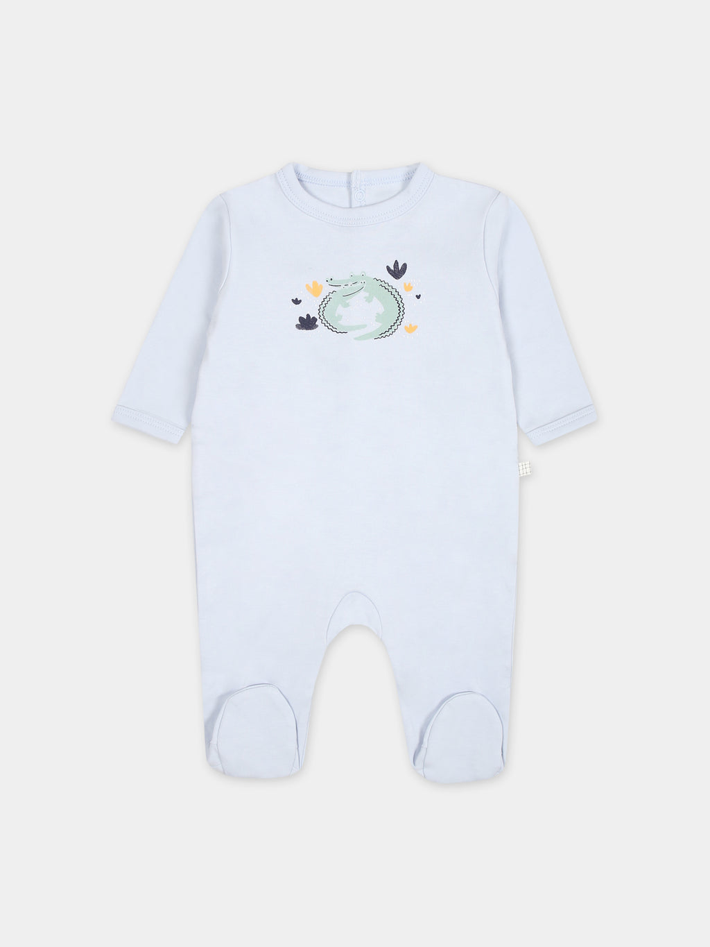 Light blue baby jumpsuit with multicolor print