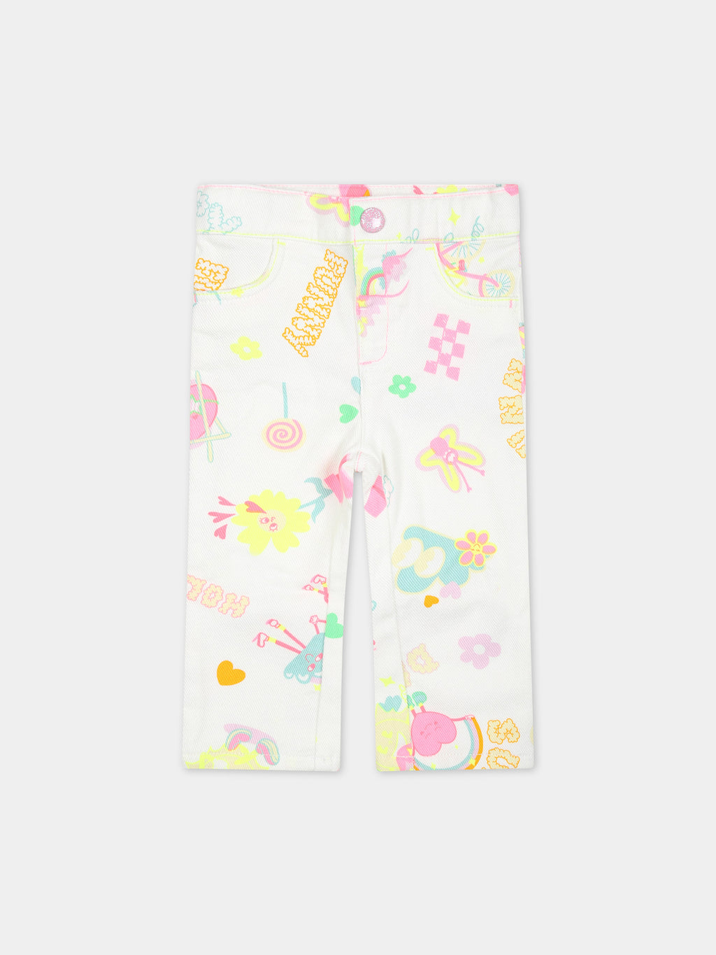 White jeans for baby girl with multicolor pattern