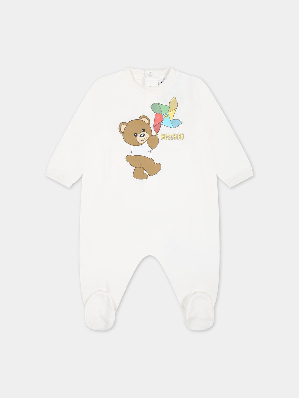 Ivory bodysuit for babies with Teddy Bear and multicolor pinwheel