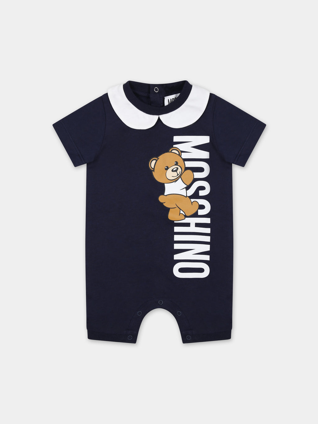 Blue baby romper with Teddy Bear and logo