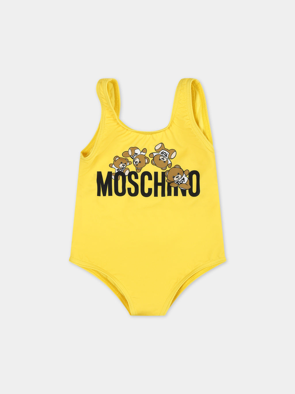 Yellow one-piece swimsuit for baby girl with logo and Teddy Bear