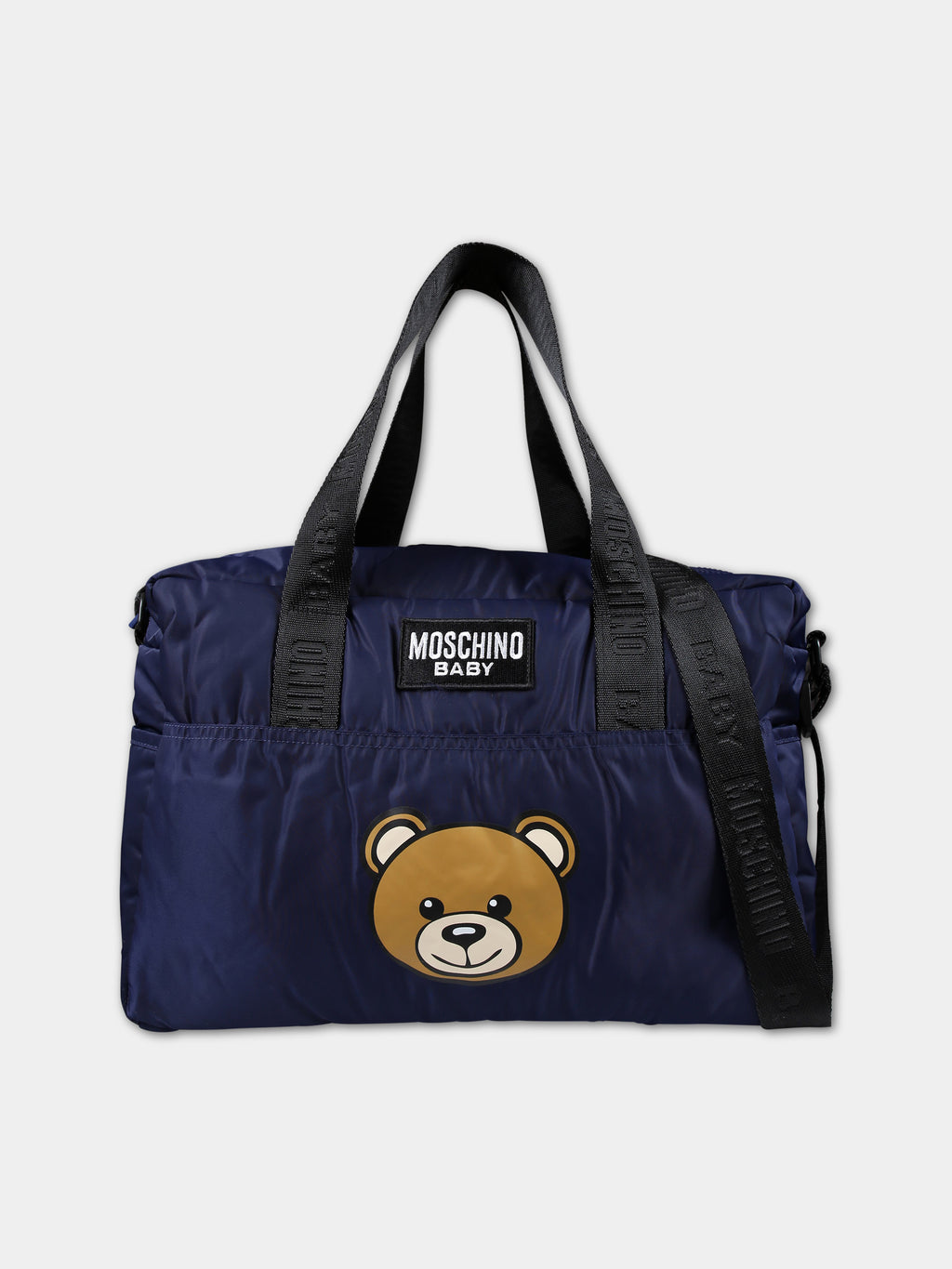 Blue mom bag for babies with Teddy bear and logo