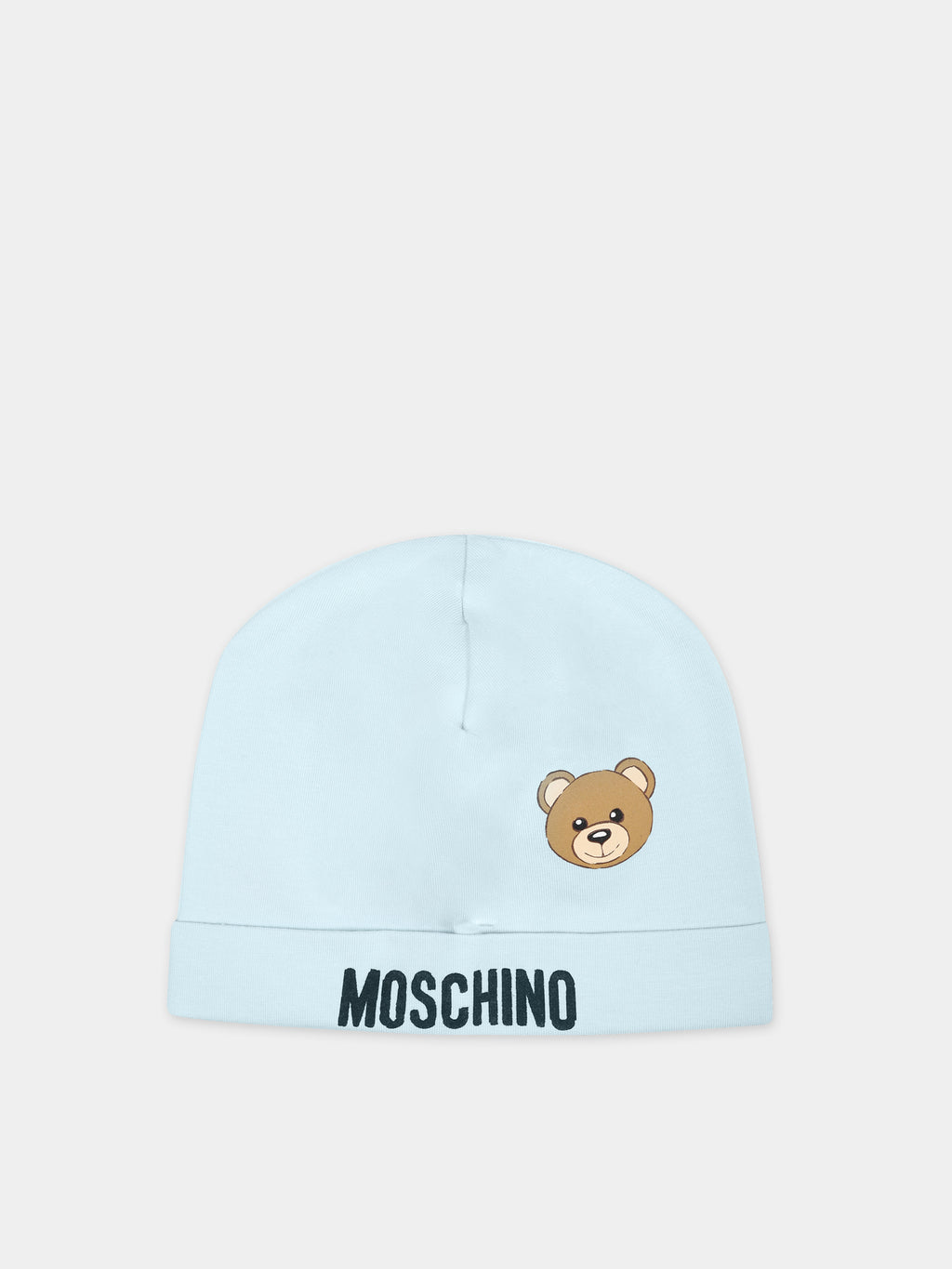 Blue baby boy hat with logo and Teddy Bear