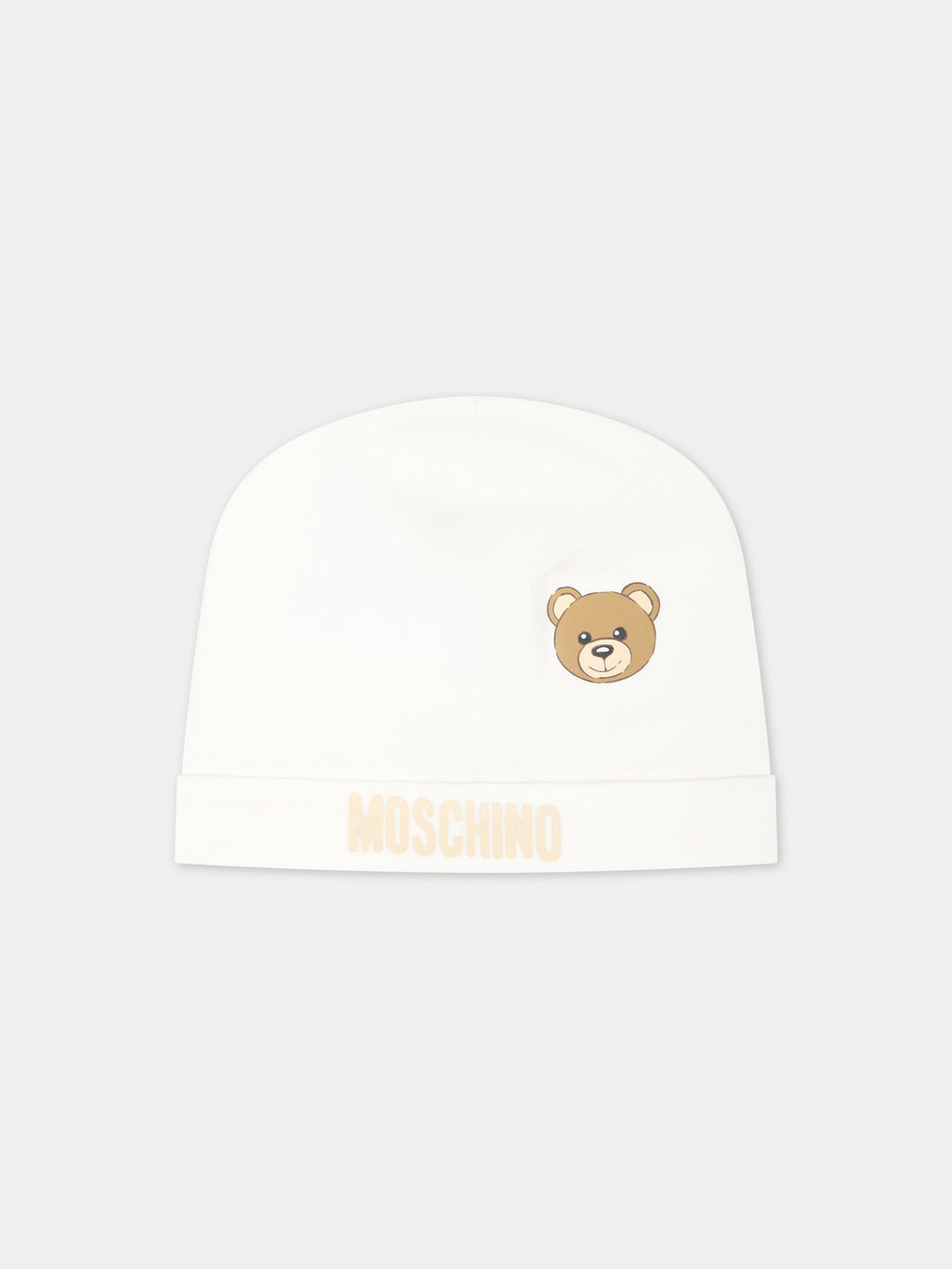 White baby boy hat with logo and Teddy Bear