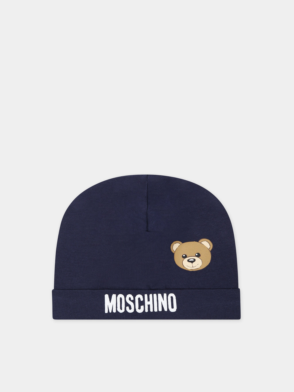 Blue babies hat with logo and Teddy Bear