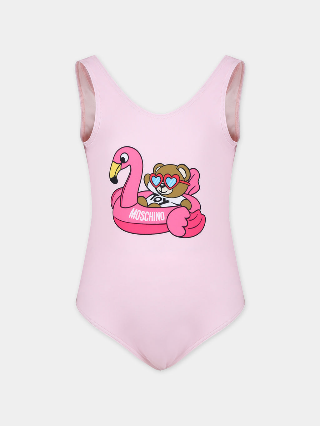 Pink swimsuit for girl with Teddy Bear and flamingo