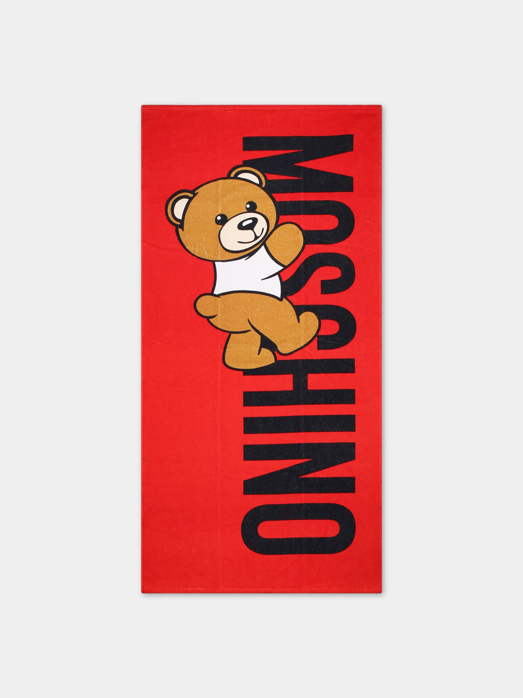 Red beach towel for kids with Teddy Bear and logo