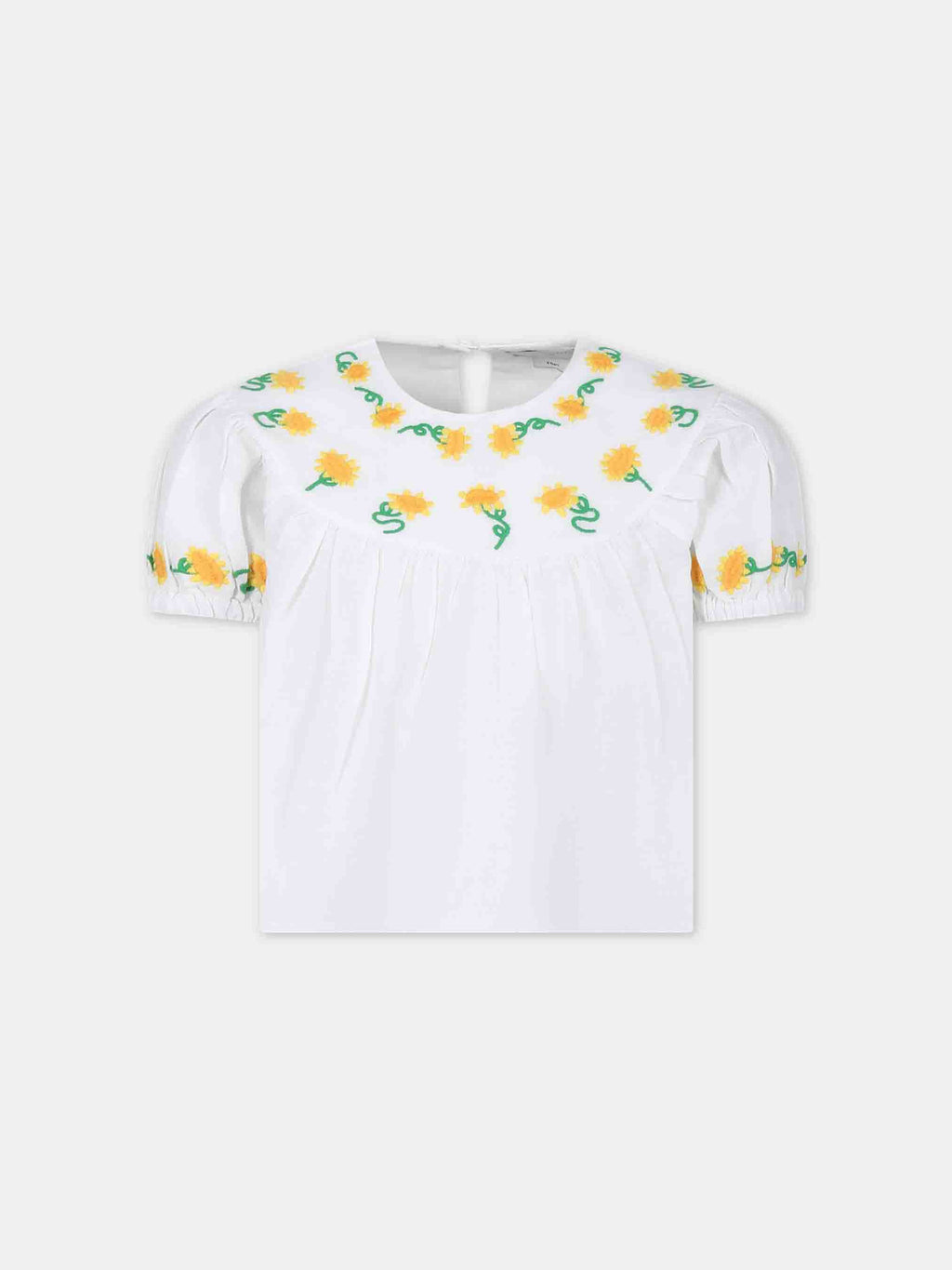 Top bianco per bambina con girasoli ricamati