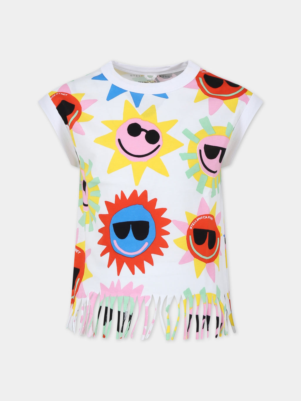 White tank top for girl with all-over multicolor pattern
