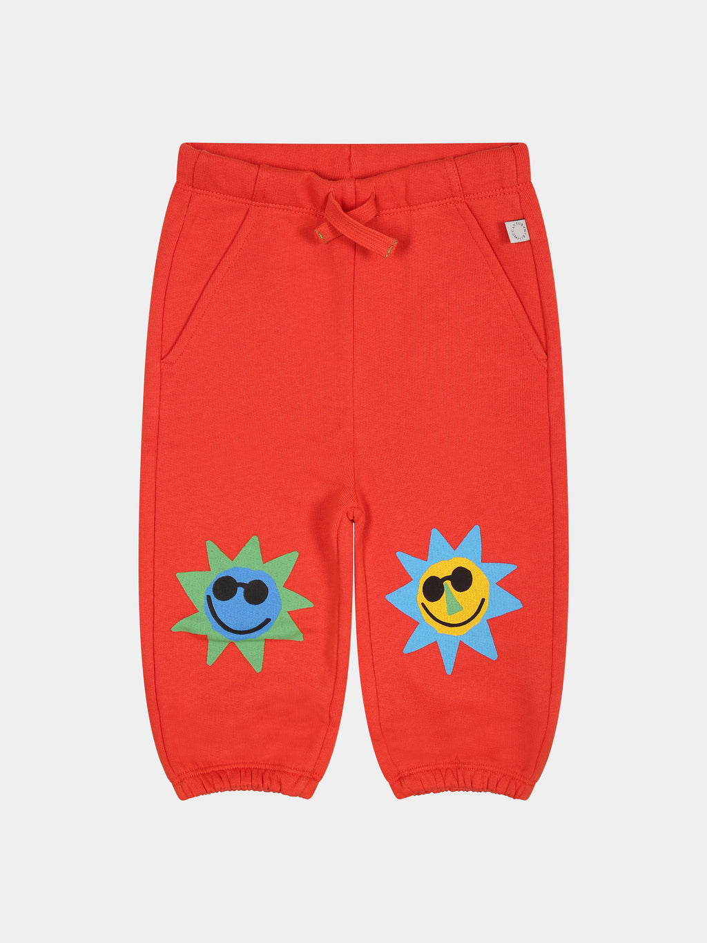 Red trousers for baby boy with sun print