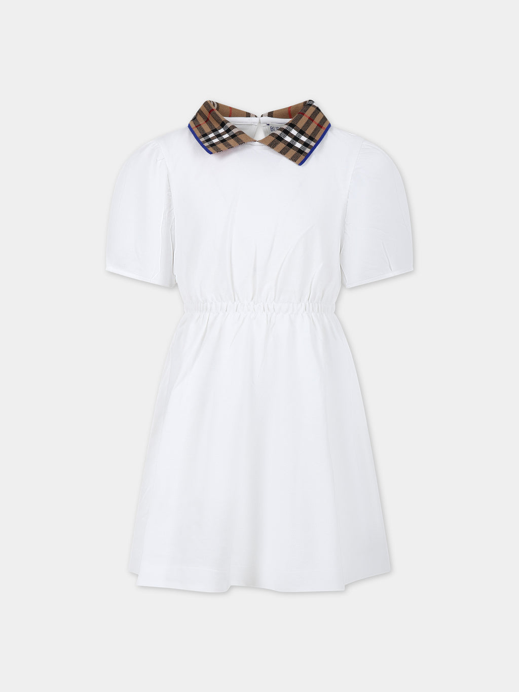 White dress for girl with vintage check on the collar