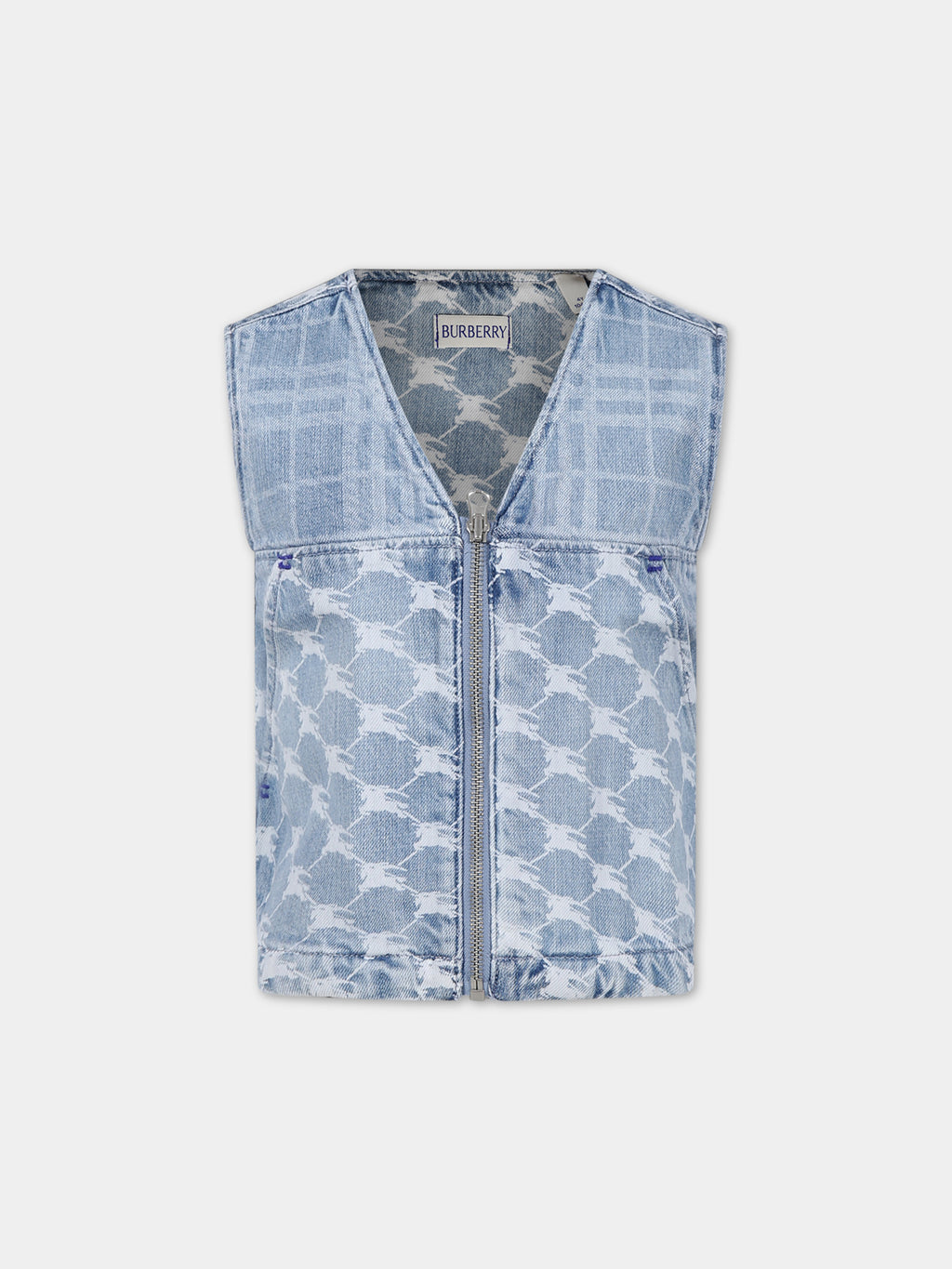 Denim vest for girl with iconic check and all-over logo