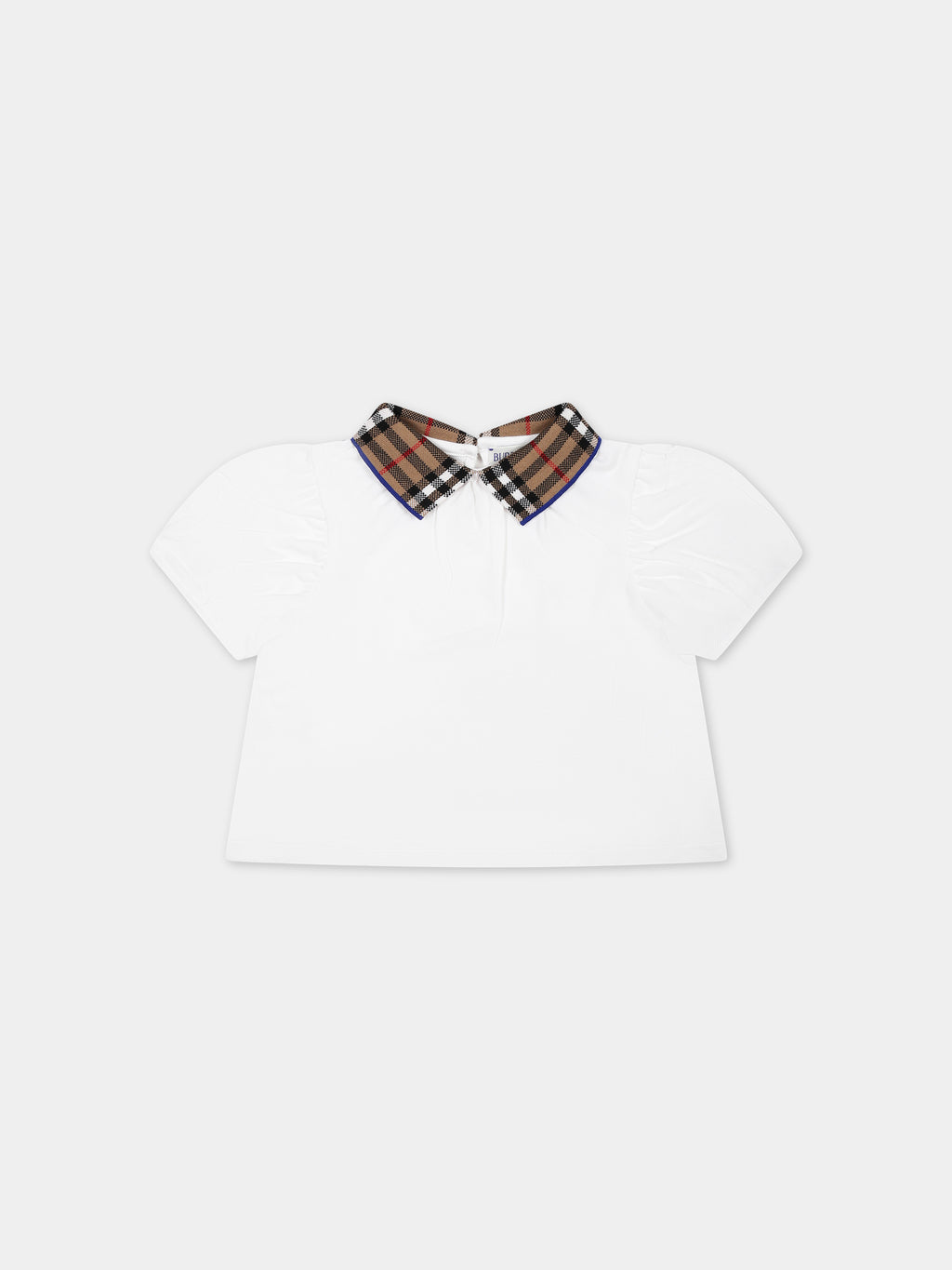 White t-shirt for baby girl with vintage check on the collar