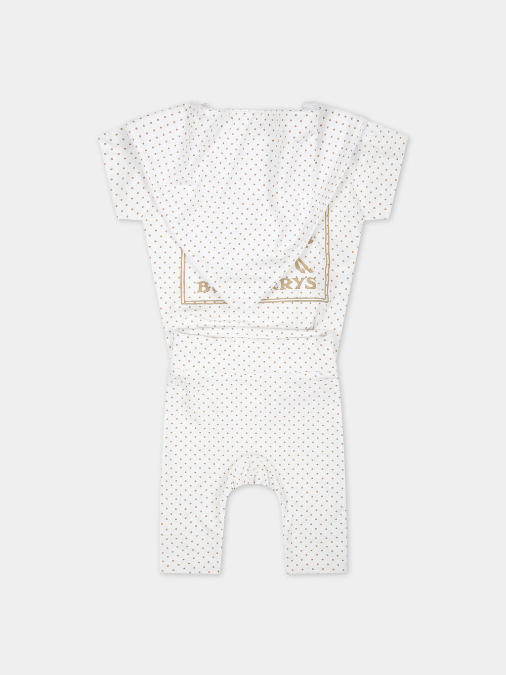 White babies outfit with all-over logo and polka dots