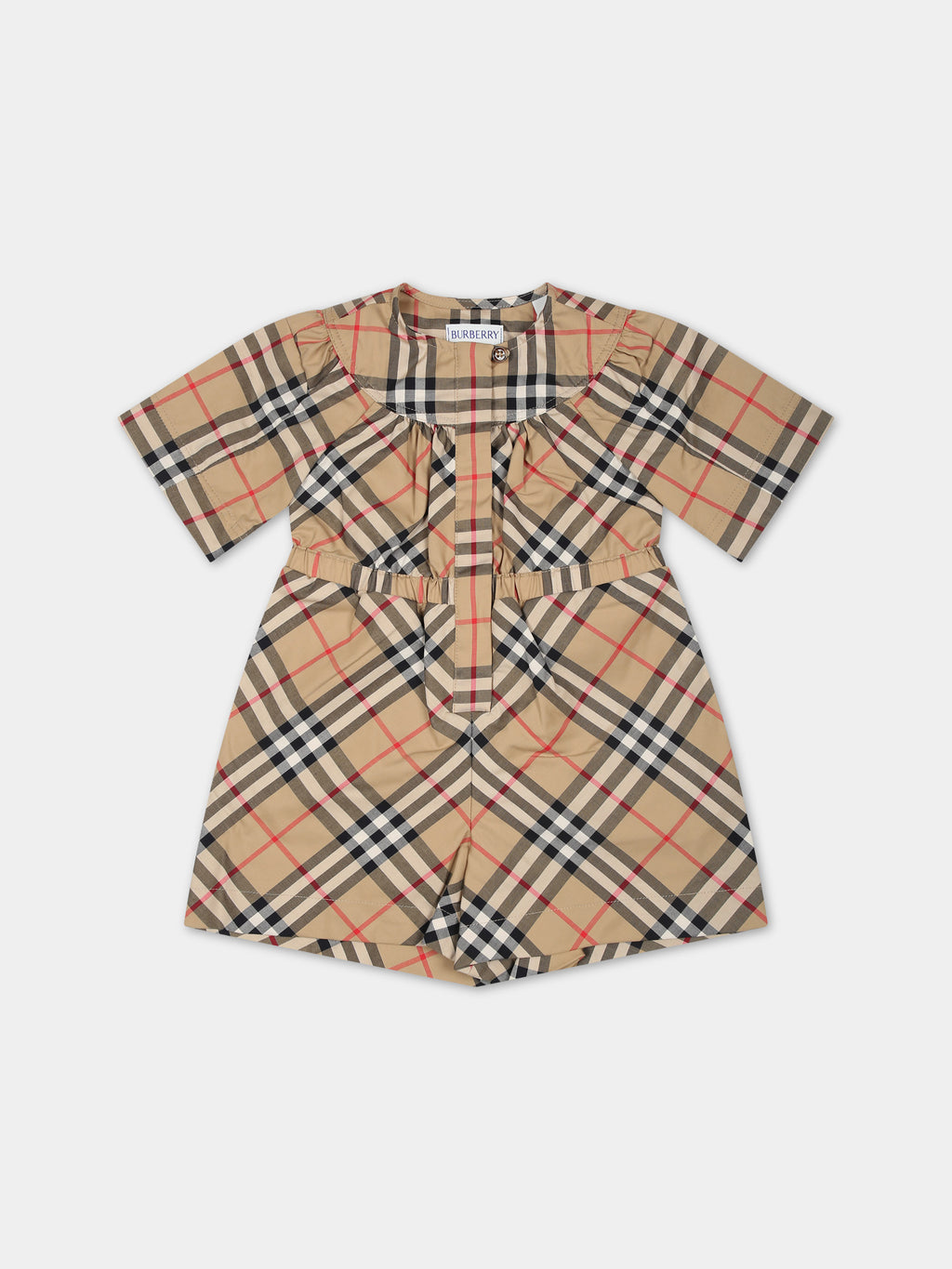 Beige jumpsuit for baby girl with vintage check