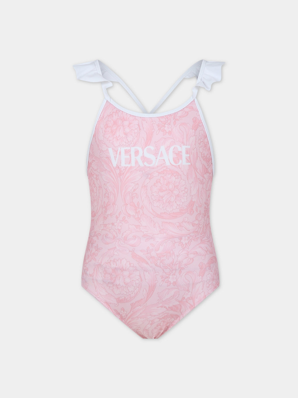 Pink one-piece swimsuit for girl with baroque print