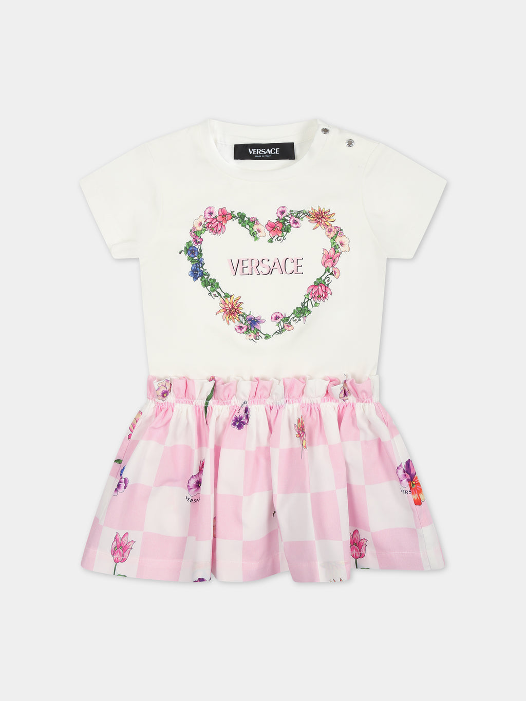 White dress for baby girl with multicolor print