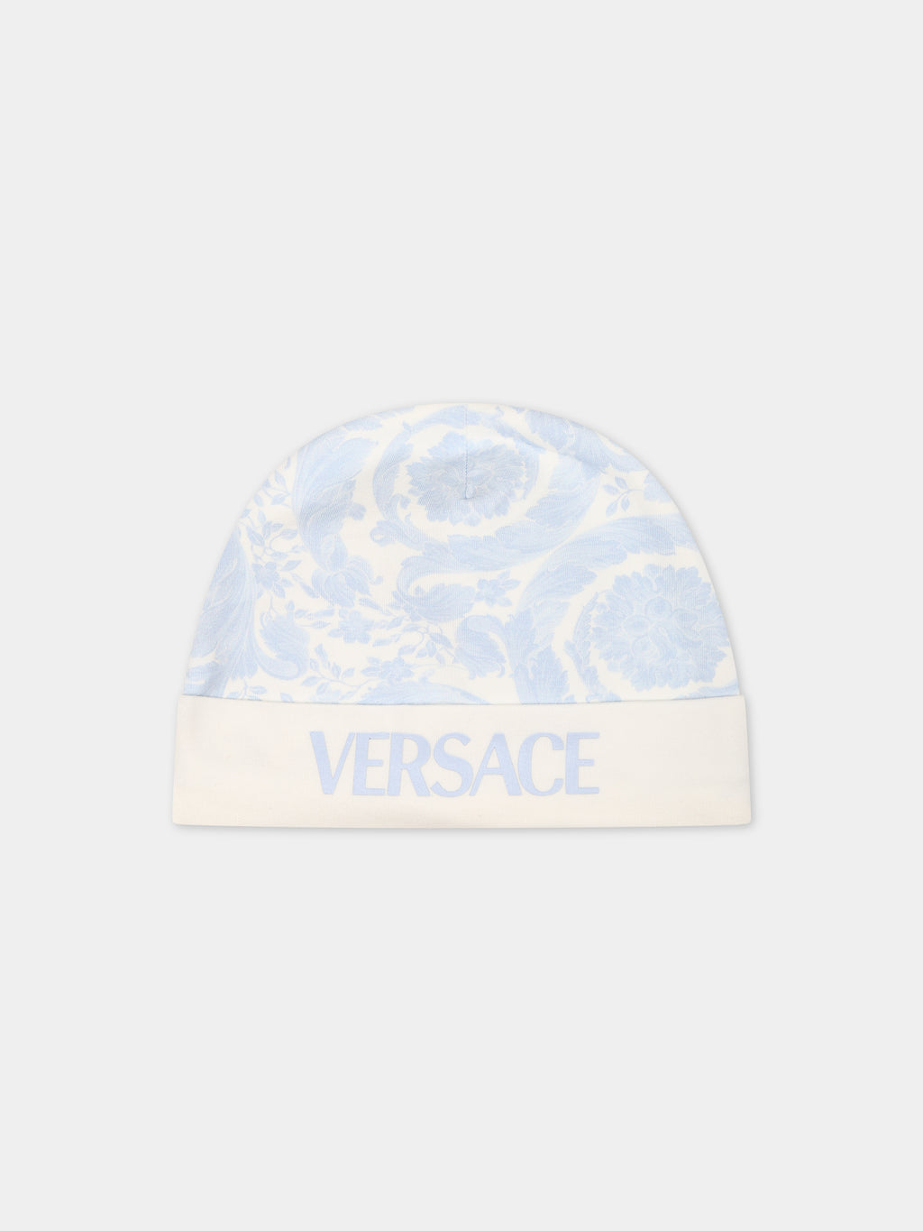Light blue hat for babies with baroque print
