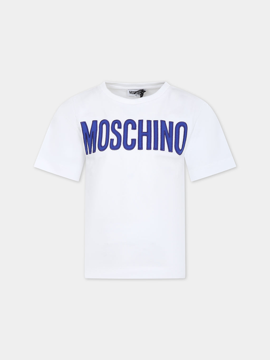 White t-shirt for kids with blue logo