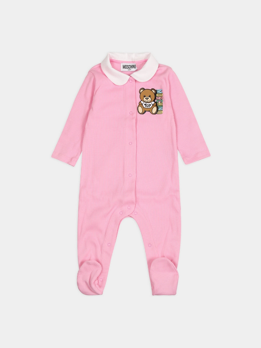 Pink babygrow for baby girl with Teddy Bear and logo