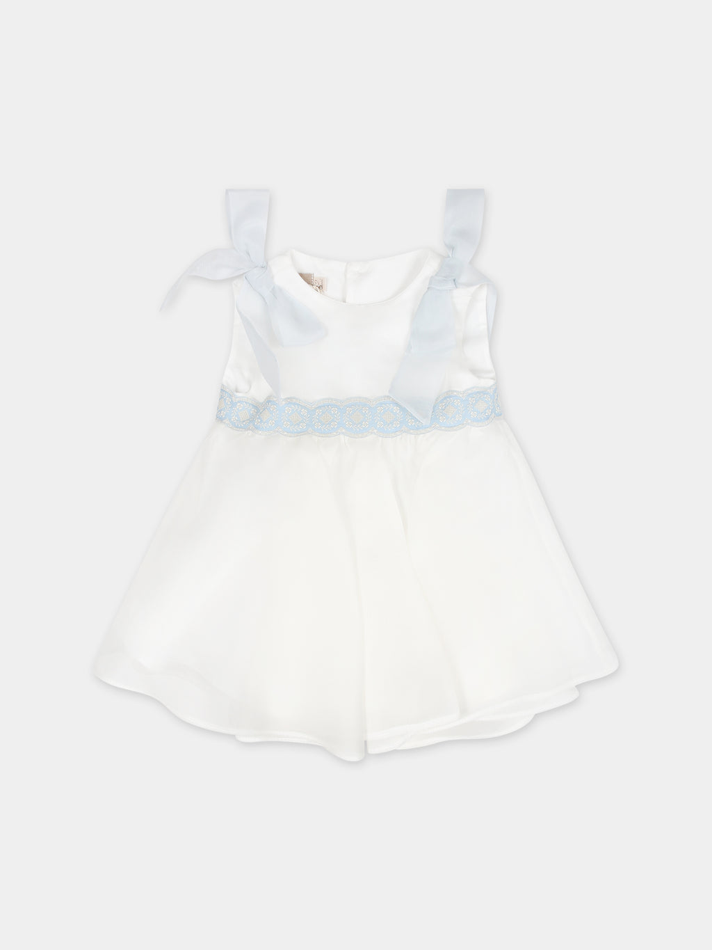 White dress for baby girl with light blue embroidery