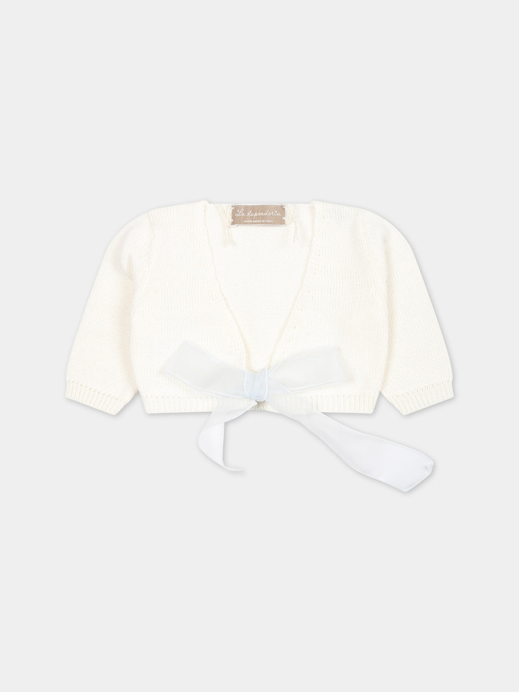 White cardigan for baby girl with light blue bow