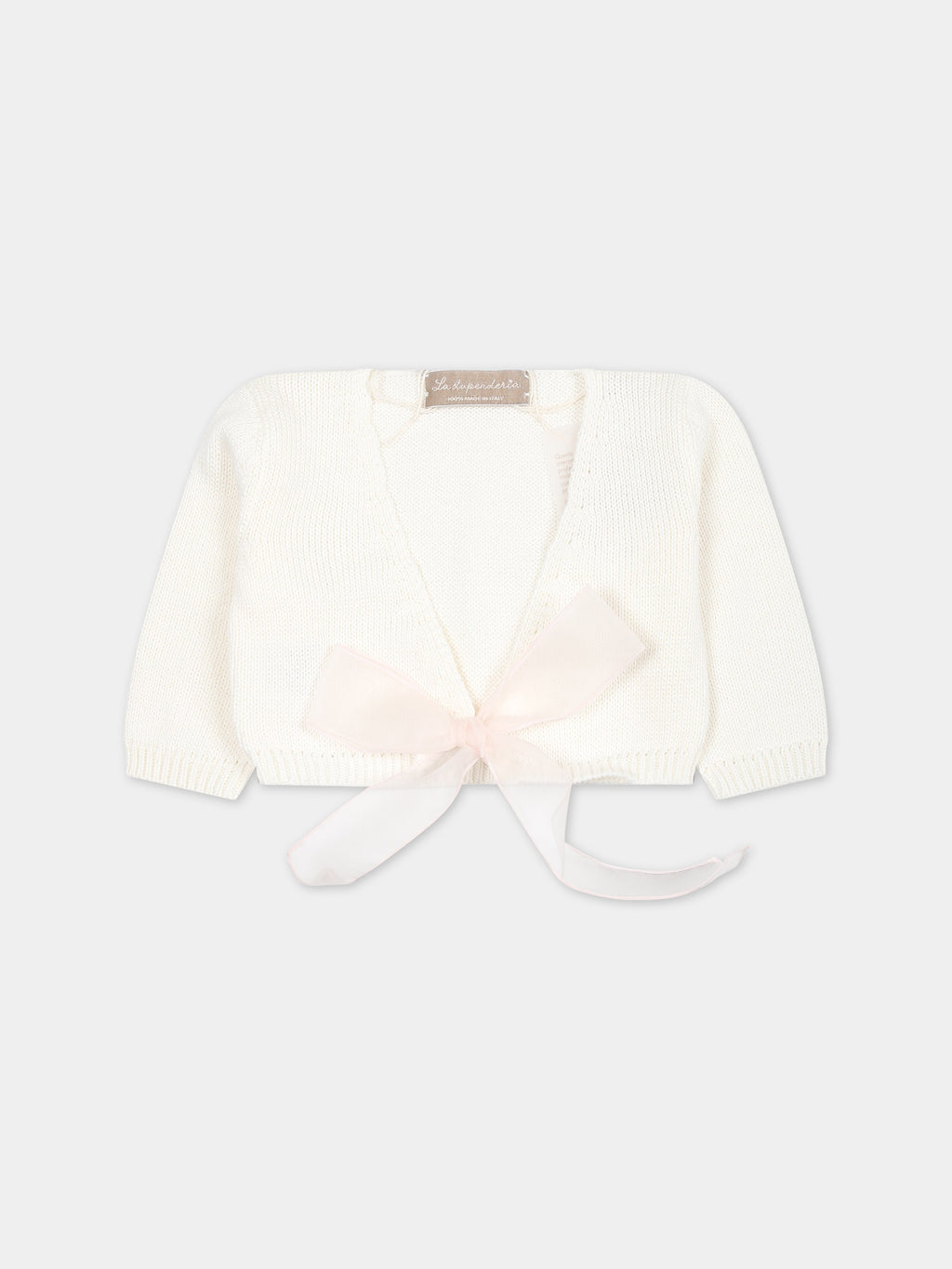 White cardigan for baby girl with pink bow