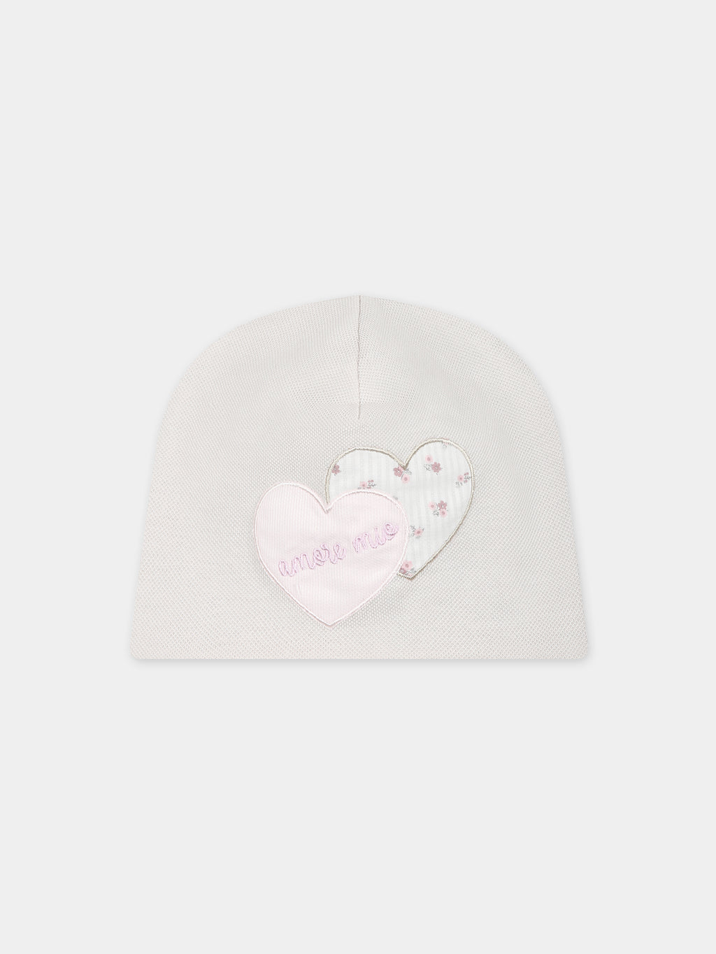 Beige hat for baby girl with hearts and writing