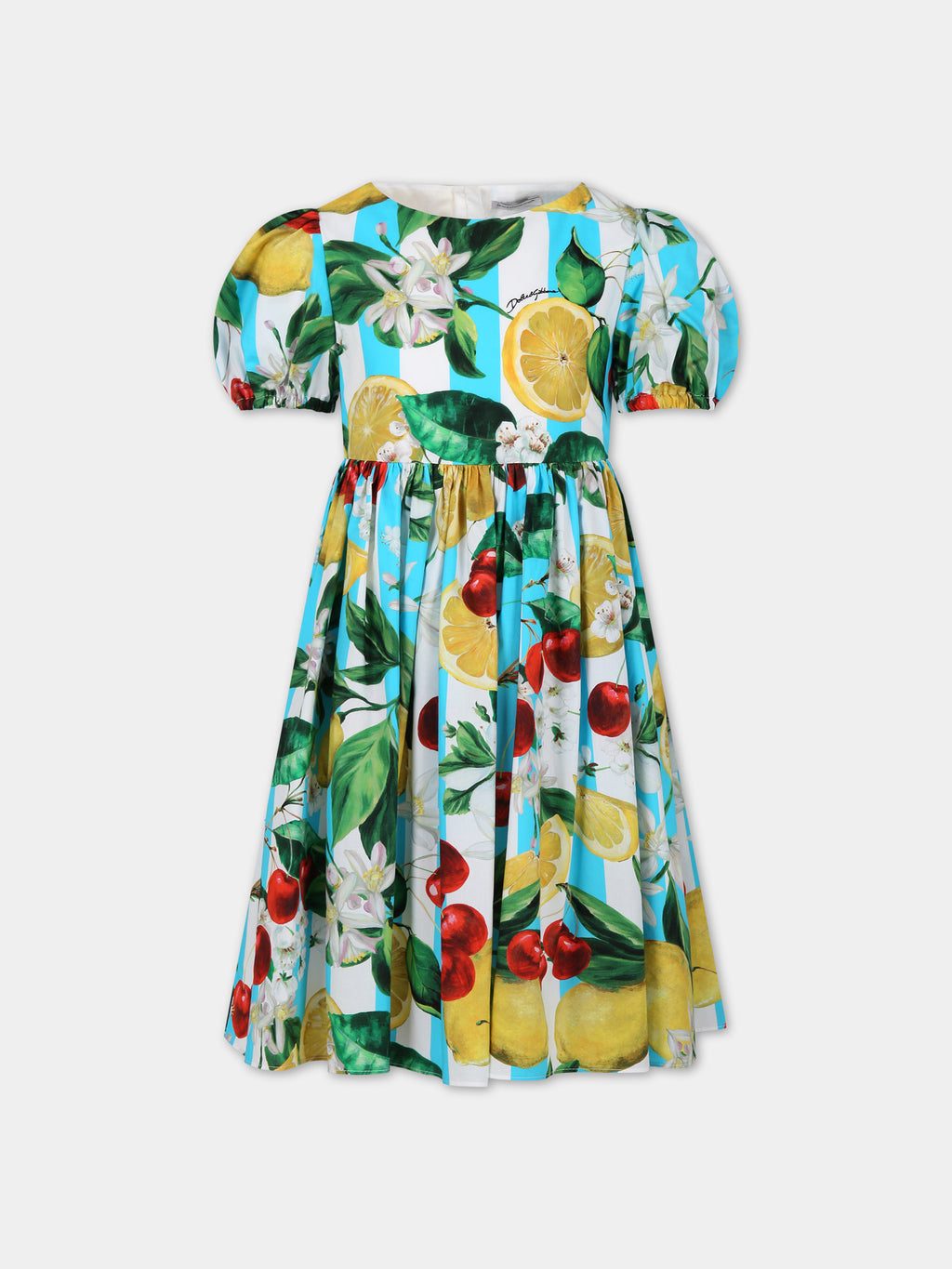 Multicolor dress for girl with all-over flowers and fruits
